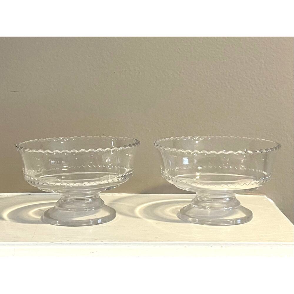 Vintage EAPG Sawtooth Edge Clear Glass Pedestal Berry Bowls/Small Bowls Set of 2